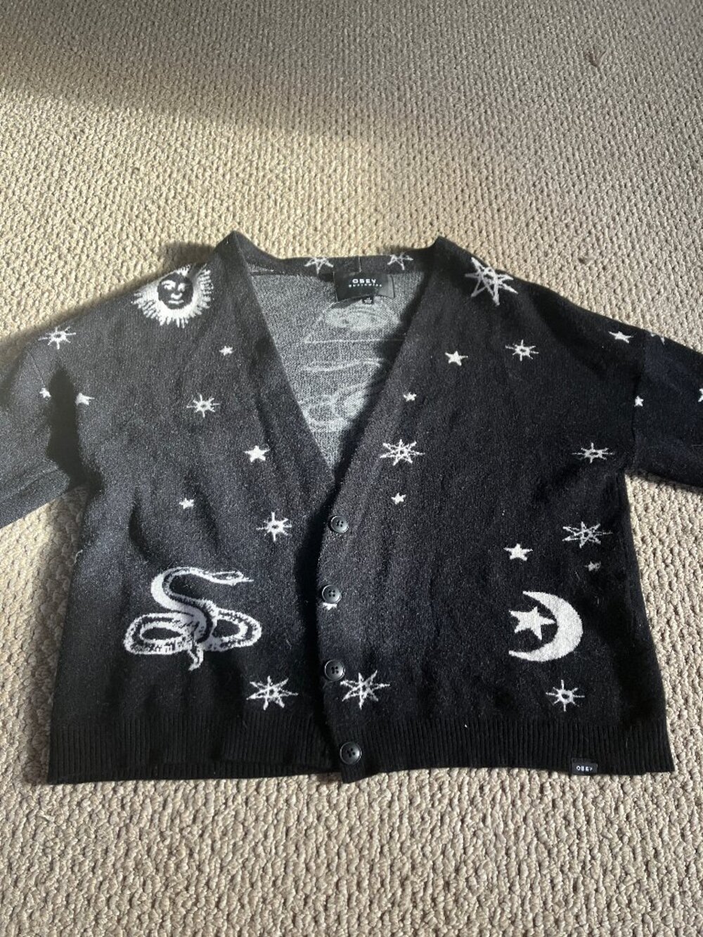 NWOT Rare Cardigan Obey Worldwide Limited Release Celestial Oversize Soft XS - Picture 2 of 7